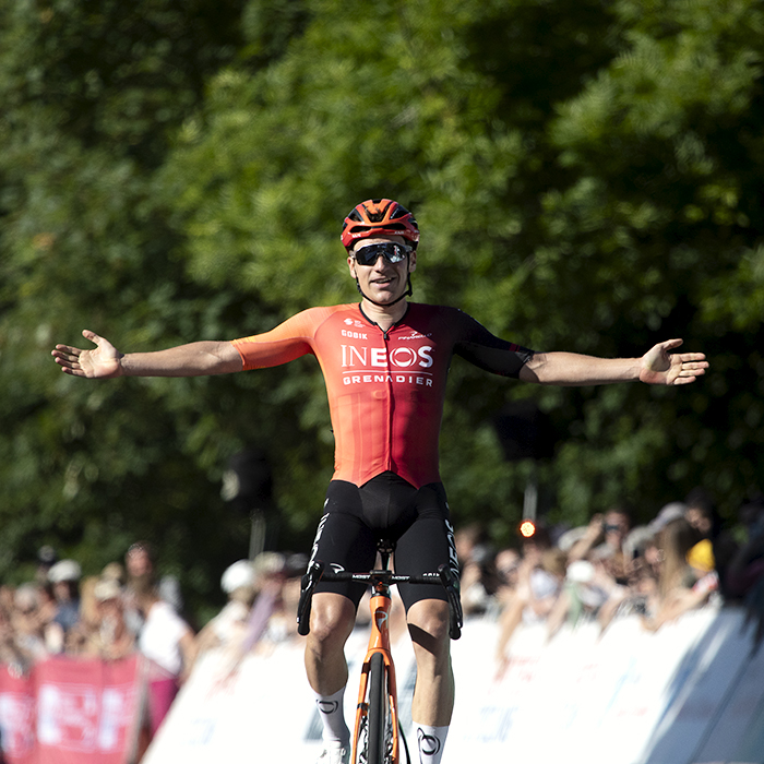 British National Road Championships 2024 - Men’s Road Race - Ethan Hayter of INEOS Grenadiers stretches his arms out in victory as he crosses the line