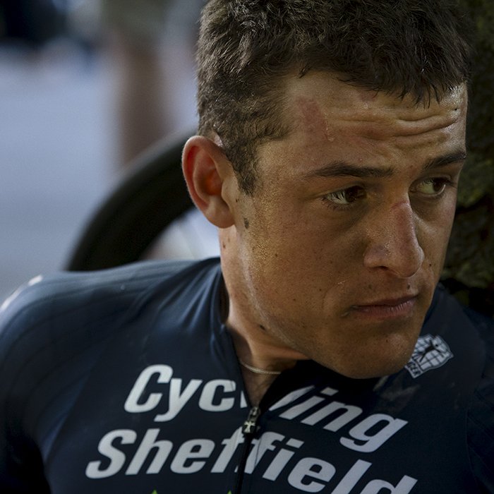 British National Road Championships 2024 - Men’s Road Race - Cycling Sheffield’s Jack Hartley sits and recovers in the shade following the race