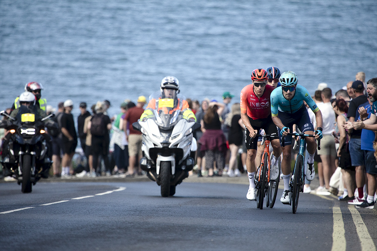 British National Road Championships 2024 - Men’s Road Race - Max Walker, Ethan Hayter and Lewis Askey push up the steep climb at Saltburn with the sea in the background on their way to the finish line