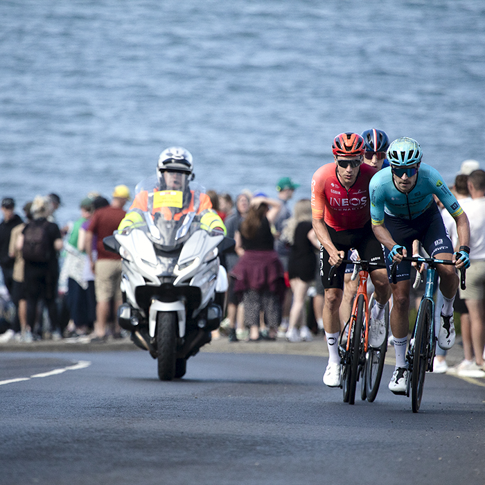 British National Road Championships 2024 - Men’s Road Race - Max Walker, Ethan Hayter and Lewis Askey push up the steep climb at Saltburn with the sea in the background on their way to the finish line