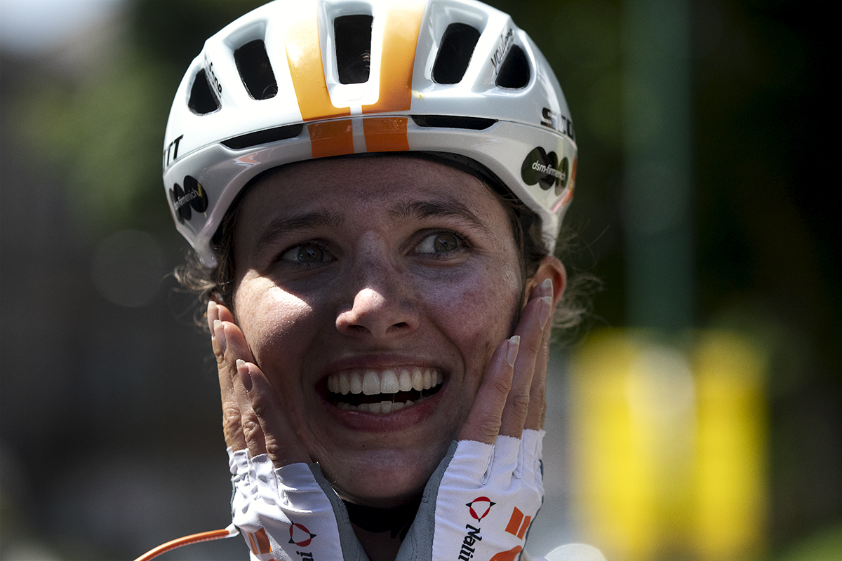 British National Road Championships 2024 - Women’s Road Race - Pfeiffer Georgi puts her hands to her face and smiles as her achievement sinks in