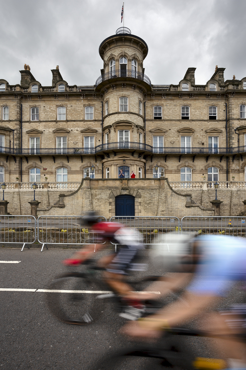 British National Road Championships 2024 - Women’s Road Race - Riders speed past The Zetland, a grand stone building at Saltburn