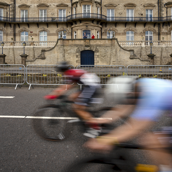 British National Road Championships 2024 - Women’s Road Race - Riders speed past The Zetland, a grand stone building at Saltburn