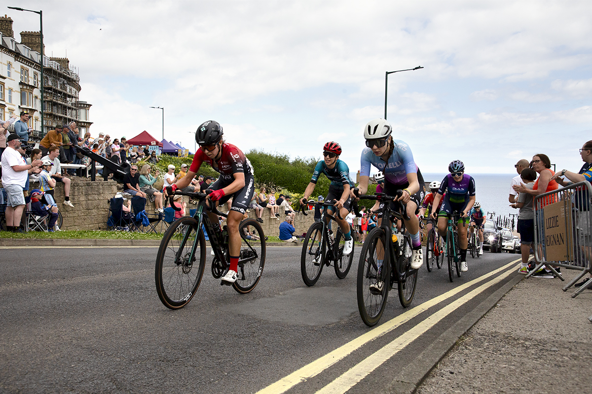 British National Road Championships 2024 - Women’s Road Race - Riders take on the climb at Saltburn as fans line the road to cheer them on