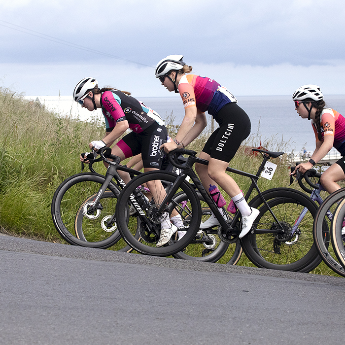 British National Road Championships 2024 - Women’s Road Race - A group of riders led by the Doltcini O’Shea team make their way up the climb at Saltburn