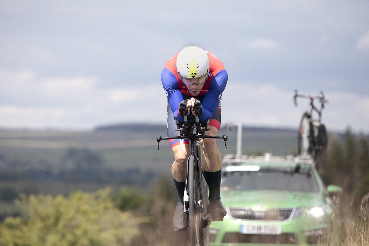 British National Road Championships 2024 -  Men’s Time Trial - Tim Torrie followed by his team car as he crests Waithwith Bank