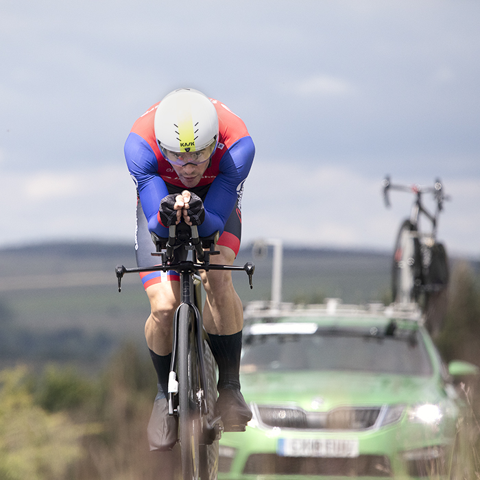 British National Road Championships 2024 -  Men’s Time Trial - Tim Torrie followed by his team car as he crests Waithwith Bank