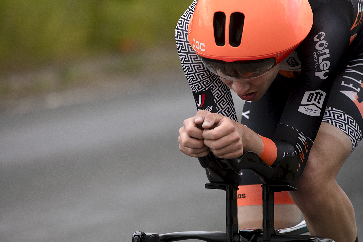 British National Road Championships 2024 - Men’s U23 Time Trial - Alex Pickering in an aero tuck during the event
