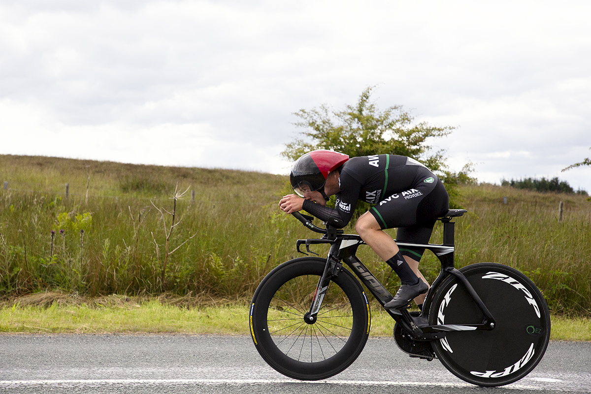 British National Road Championships 2024 - Men’s U23 Time Trial - Jack Brough in an aero tuck as he passes through the North Yorkshire countryside