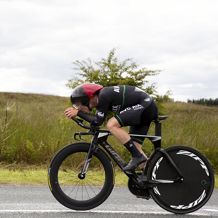 British National Road Championships 2024 - Men’s U23 Time Trial - Jack Brough in an aero tuck as he passes through the North Yorkshire countryside