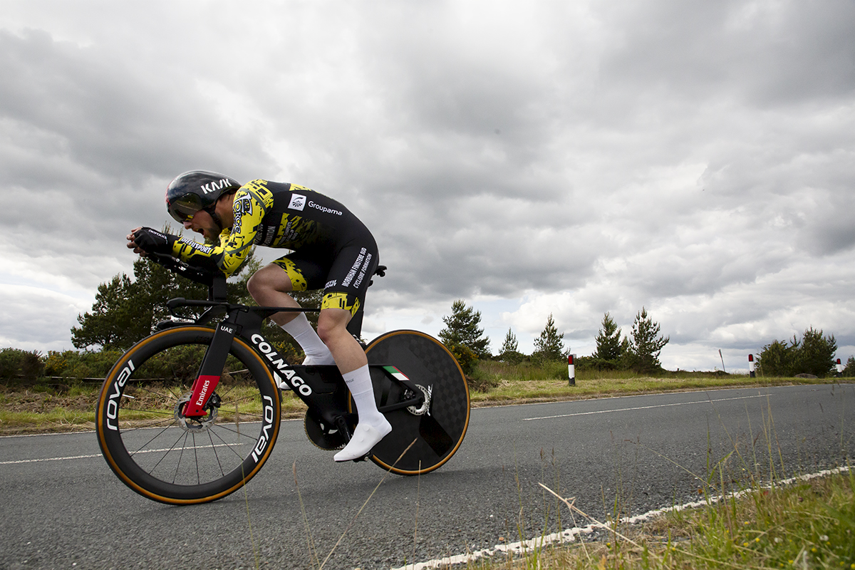 British National Road Championships 2024 - Men’s U23 Time Trial - Reuben Corlett in an aero position in the North Yorkshire countryside