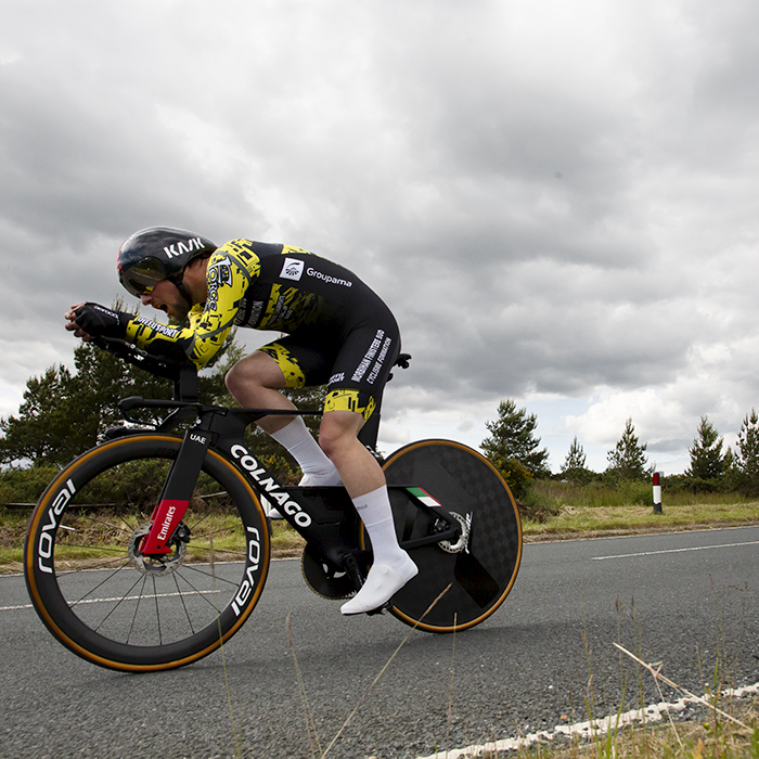 British National Road Championships 2024 - Men’s U23 Time Trial - Reuben Corlett in an aero position in the North Yorkshire countryside