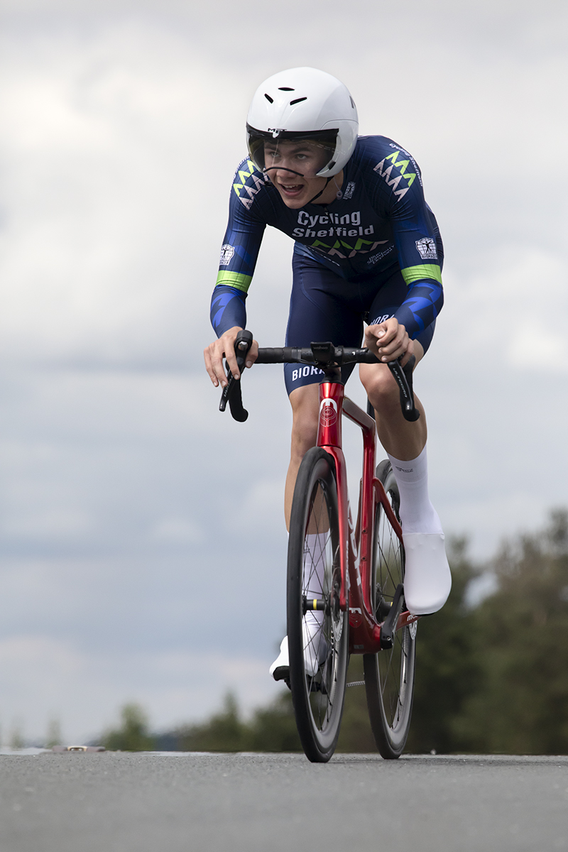 British National Road Championships 2024 - Men’s U23 Time Trial - Sam Chaplin of Cycling Sheffield crests a hill during the time trial