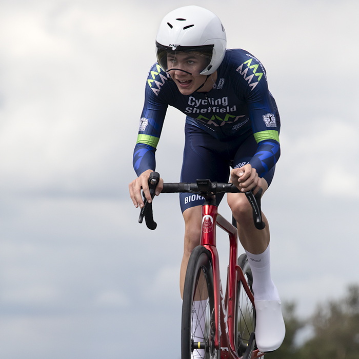 British National Road Championships 2024 - Men’s U23 Time Trial - Sam Chaplin of Cycling Sheffield crests a hill during the time trial