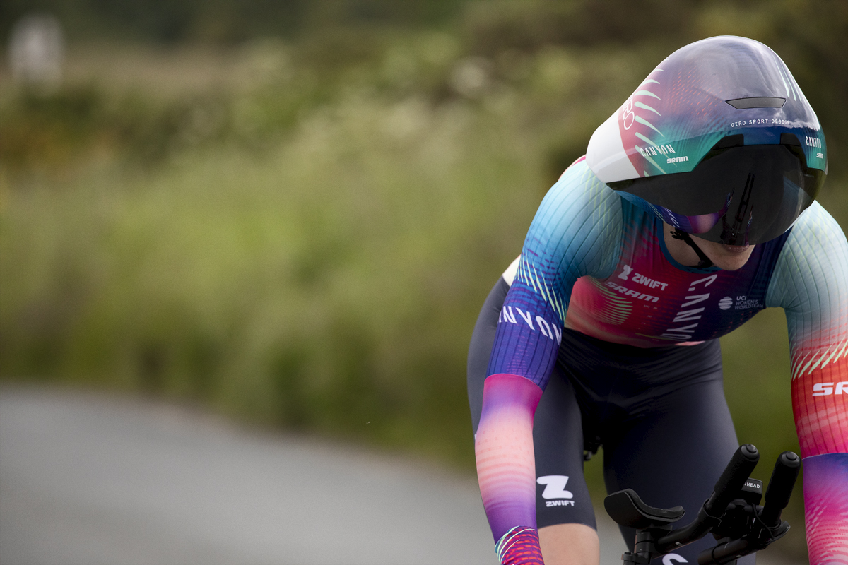 British National Road Championships 2024 -  Women’s Time Trial - Alex Morrice wearing her aero helmet rides for Canyon Sram