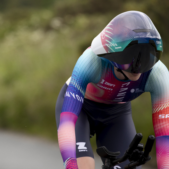 British National Road Championships 2024 -  Women’s Time Trial - Alex Morrice wearing her aero helmet rides for Canyon Sram