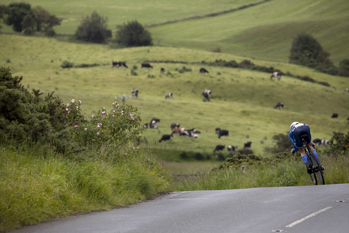 British National Road Championships 2024 -  Women’s Time Trial - Claire Steels takes a descent with a field of cows in the distance and roses in the hedgerow
