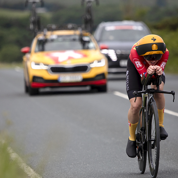 British National Road Championships 2024 -  Women’s Time Trial - Elinor Barker is followed by her UnoX team car