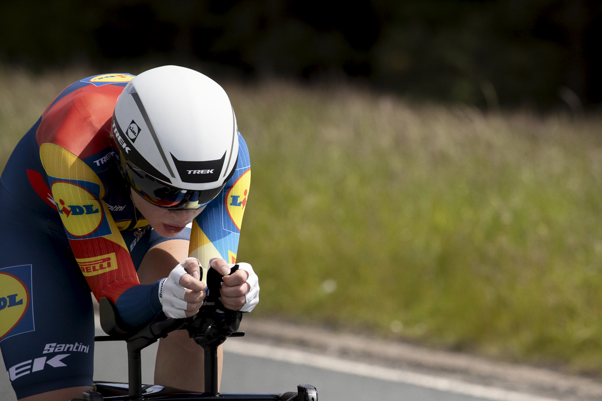 British National Road Championships 2024 -  Women’s Time Trial - Elynor Bäckstedt in an aero tuck takes part for Lidl Trek