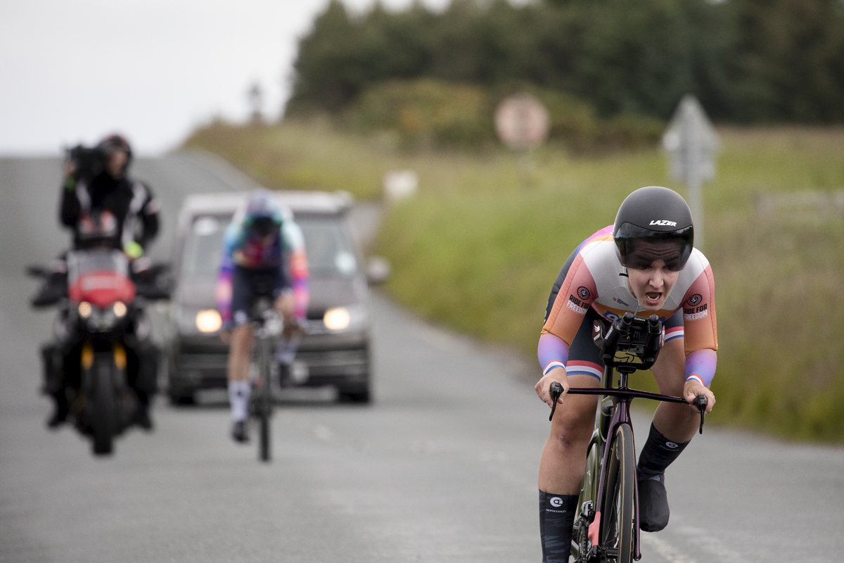 British National Road Championships 2024 -  Women’s Time Trial - Hayley Simmonds is followed closely by another rider as she completes the descent of Hagworm Hill