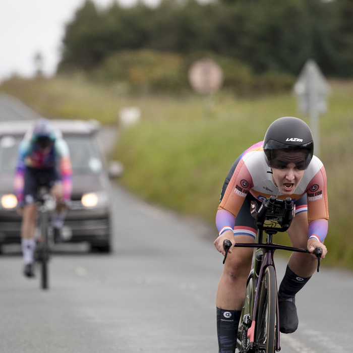 British National Road Championships 2024 -  Women’s Time Trial - Hayley Simmonds is followed closely by another rider as she completes the descent of Hagworm Hill