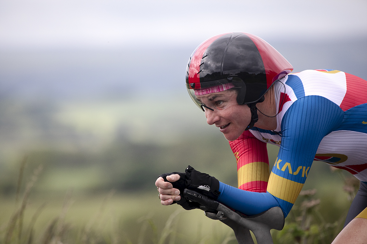 British National Road Championships 2024 -  Women’s Time Trial - Dame Sara Storey rides into the frame with the Yorkshire Dales behind her