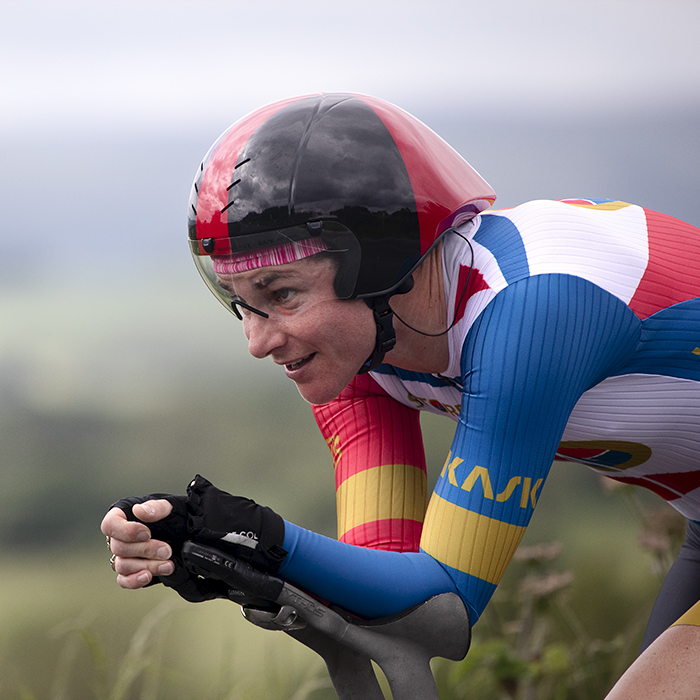 British National Road Championships 2024 -  Women’s Time Trial - Dame Sara Storey rides into the frame with the Yorkshire Dales behind her