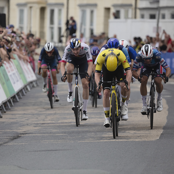 British National Road Championships 2025 - Road Race - Men - riders sprint for the minor places on the seafront in Aberystwyth