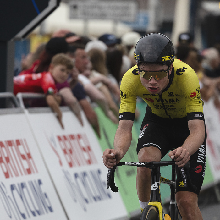 British National Road Championships 2025 - Road Race - Men - Tomos Pattinson of Team Visma - Lease a Bike Development Team passes fans who bang on the hoardings to encourage him