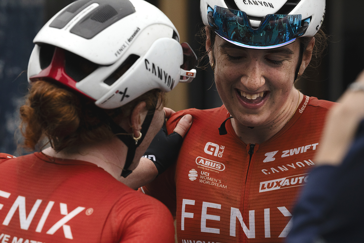 British National Road Championships 2025 - Road Race - Women - Millie Couzens of TeamFenix-Deceuninck is congratulated by a team mate