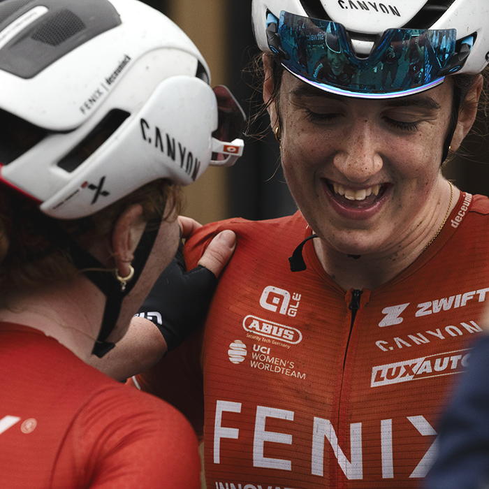 British National Road Championships 2025 - Road Race - Women - Millie Couzens of TeamFenix-Deceuninck is congratulated by a team mate