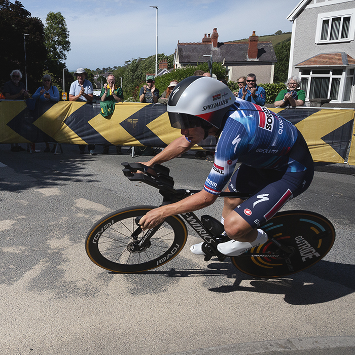 British National Road Championships 2025 - Time Trial - Elite Men - Ethan Hayter leans into a sharp corner during the event