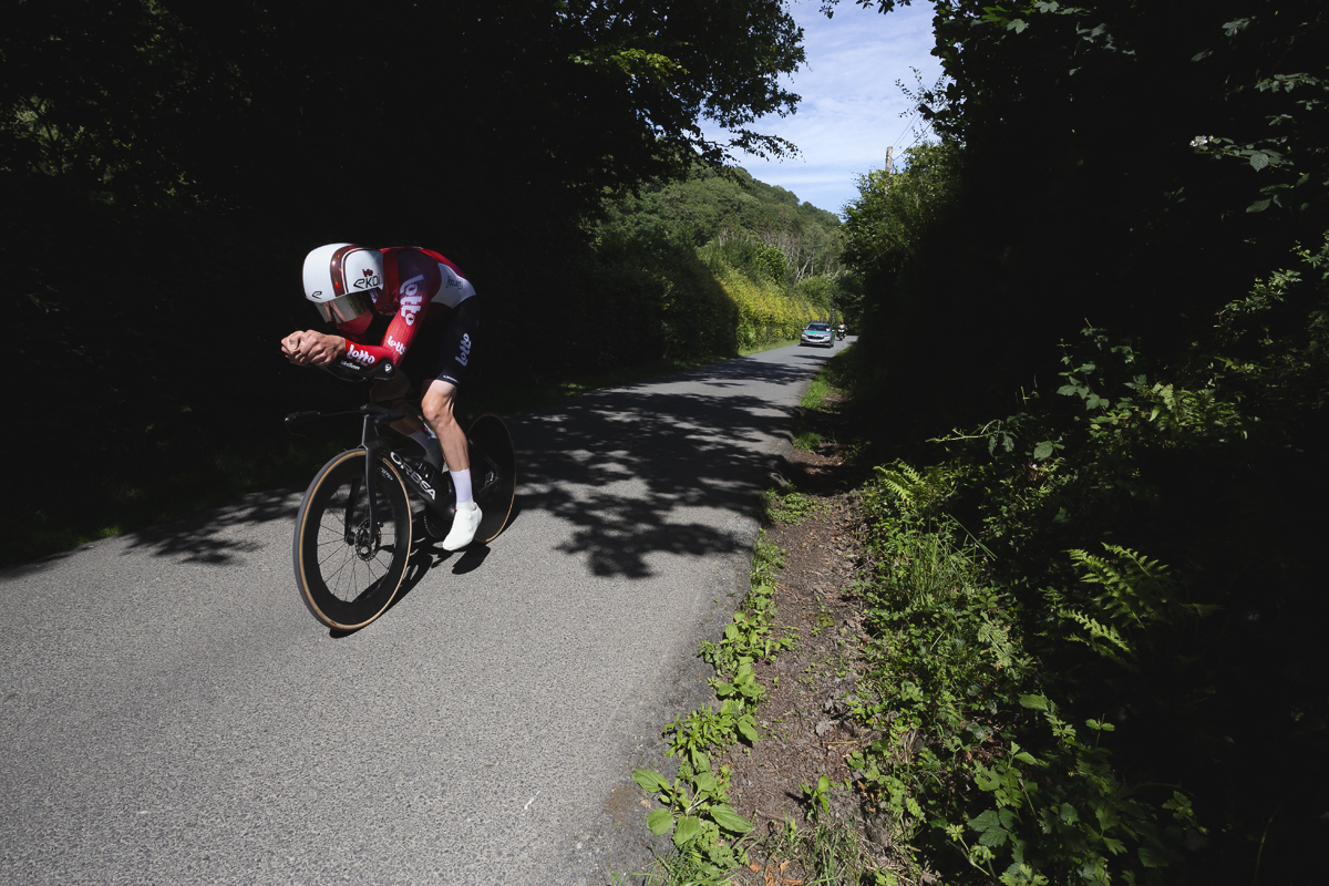 British National Road Championships 2025 - Time Trial - Elite Men - Josh Giddings of Lotto in a tuck position as he races through the countryside
