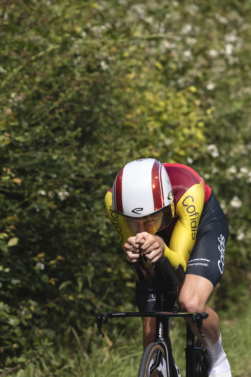 British National Road Championships 2025 - Time Trial - Elite Men - Oliver Knight of Cofidis in a tuck position