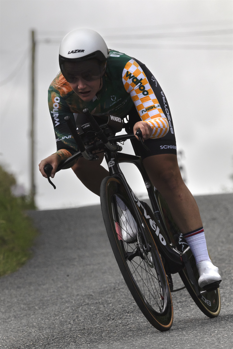 British National Road Championships 2025 - Time Trial - Elite Women - Jessica Roberts in a tuck position as she tackles a descent