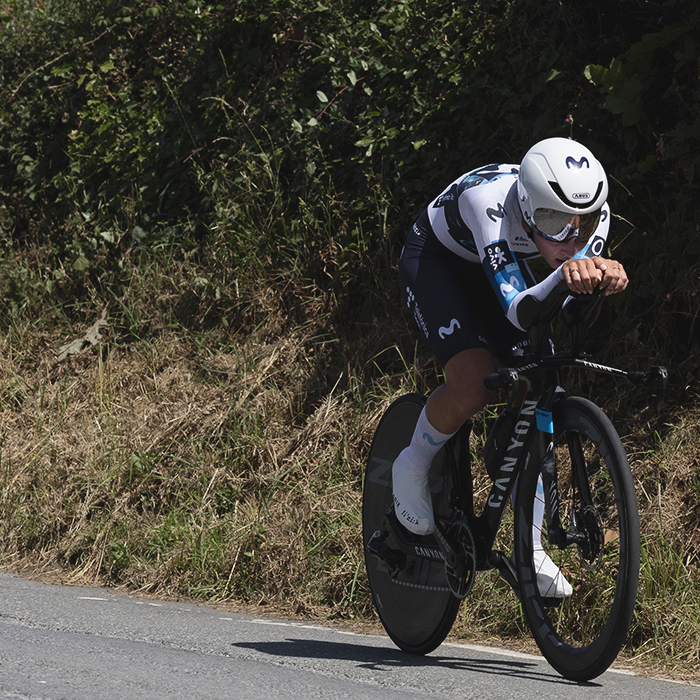 British National Road Championships 2025 - Time Trial - U23 Women - Cat Ferguson of Movistar Team races on a road lined with high hedges