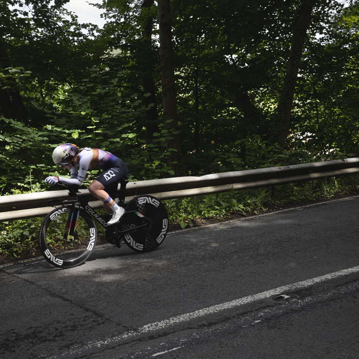British National Road Championships 2025 - Time Trial - U23 Women - Eilidh Shaw of UAE Development Team rides on tree lined roads