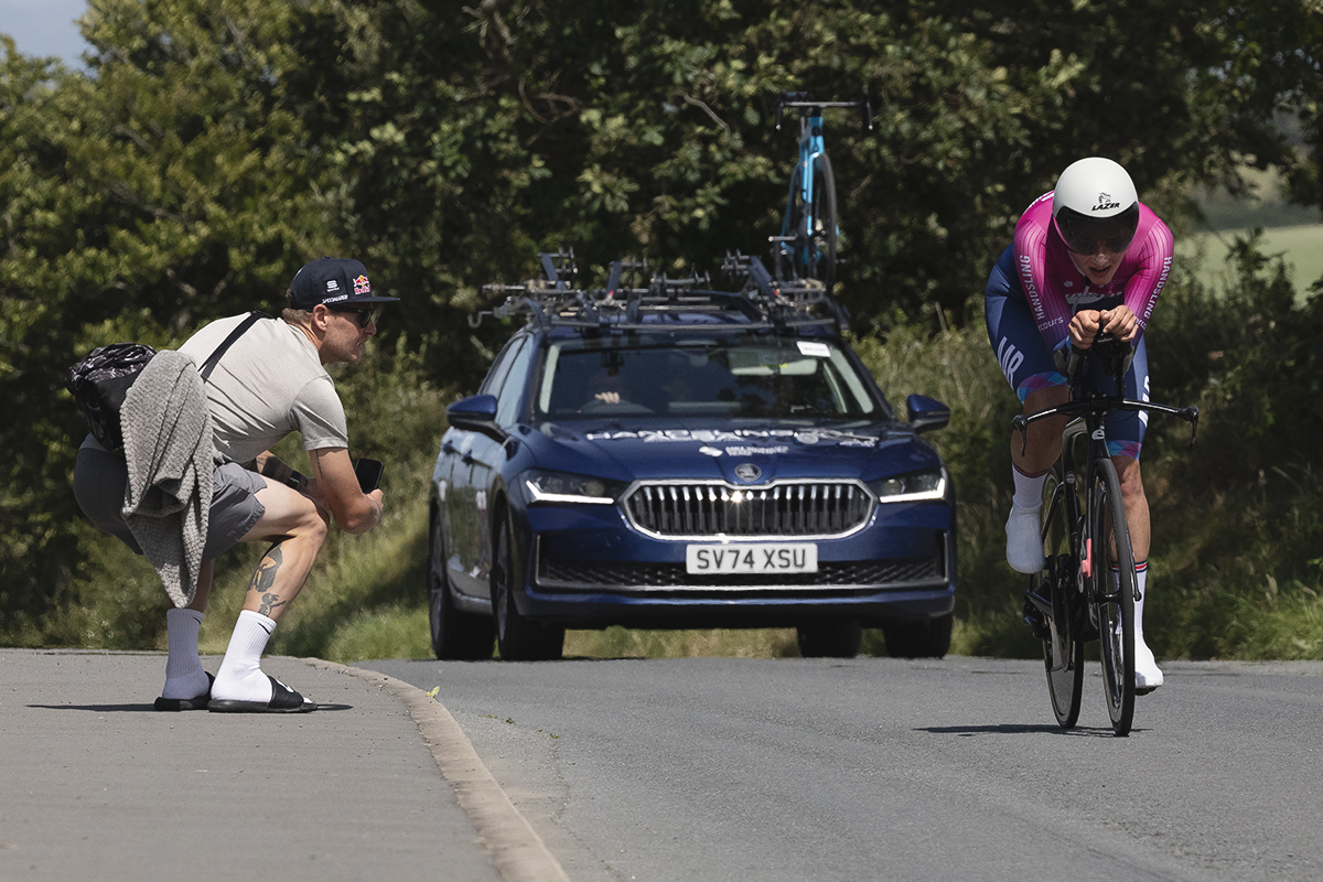 British National Road Championships 2025 - Time Trial - U23 Women - Madelaine Leech of Handsling Alba Development Road Team is cheered on as she completes the steep climb