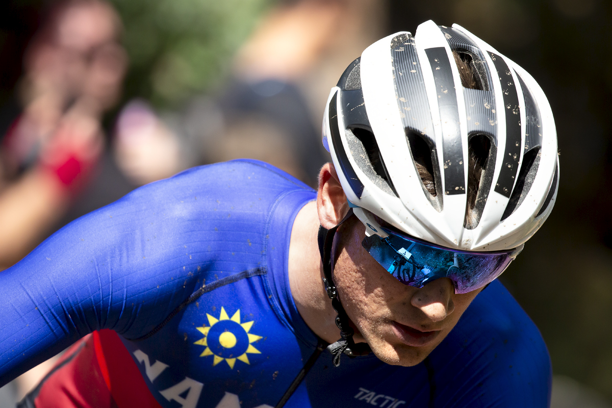 Birmingham 2022 - XXII Commonwealth Games - Mountain Bike - Men -A close up Alexander Miller from Namibia of with his handle bars reflected in his glasses