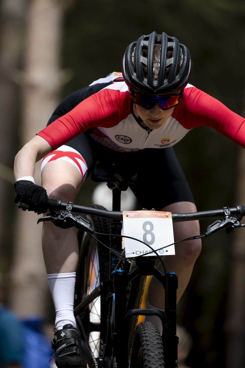 Birmingham 2022 - XXII Commonwealth Games - Mountain Bike - Women - Emily Bridson of Jersey tackles rocky terrain during the event