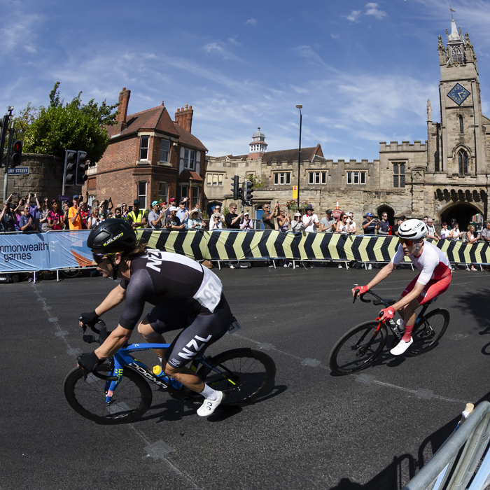 Birmingham 2022 - XXII Commonwealth Games - Men’s Road Race - New Zealand’s Aaron Gate rounds the corner outside Eastgate, Warwick