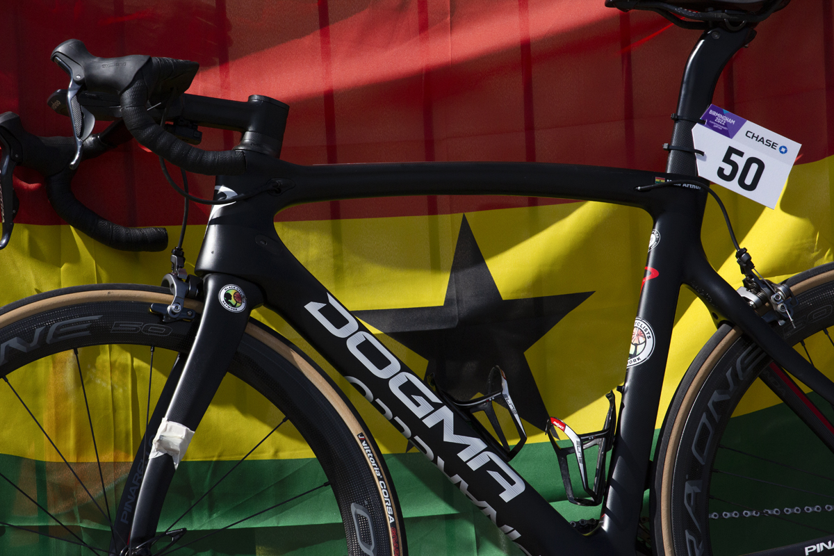 Birmingham 2022 - XXII Commonwealth Games -  Men’s Road Race - A competitor’s bike is rested in front of a Ghana flag