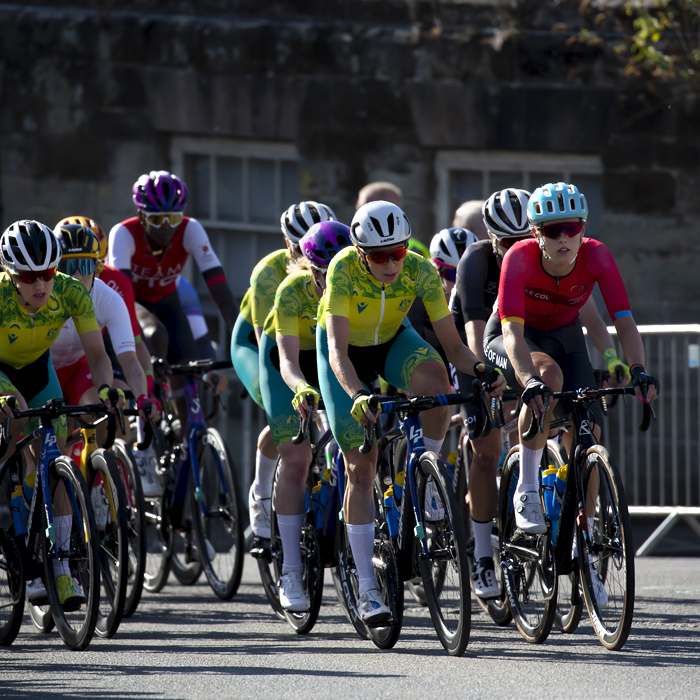 Birmingham 2022 - XXII Commonwealth Games -Women’s Road Race -The peloton rides through streets of Warwick led by the Australian team