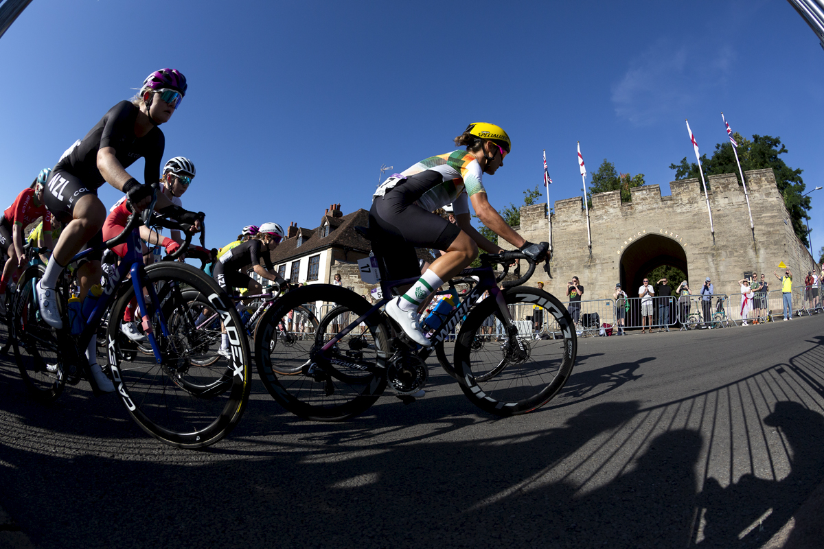 Birmingham 2022 - XXII Commonwealth Games - Women’s Road Race - Ashleigh Moolman-Passio of South African races past Warwick Castle gatehouse