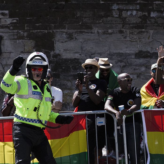 Birmingham 2022 - XXII Commonwealth Games - A policeman dances with the Ghanaian fans