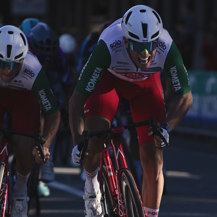 Coppa Bernocchi 2025 - Mirco Maestri showing the effort on his face as he leads out the sprint in Legnano