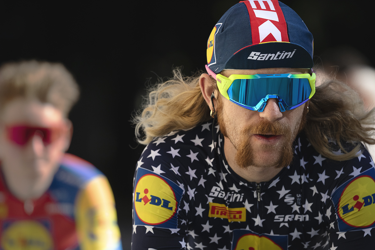 Coppa Bernocchi 2025 - Lidl - Trek’s Quinn Simmons wearing the USA champions jersey with his signature long red hair billowing behind him