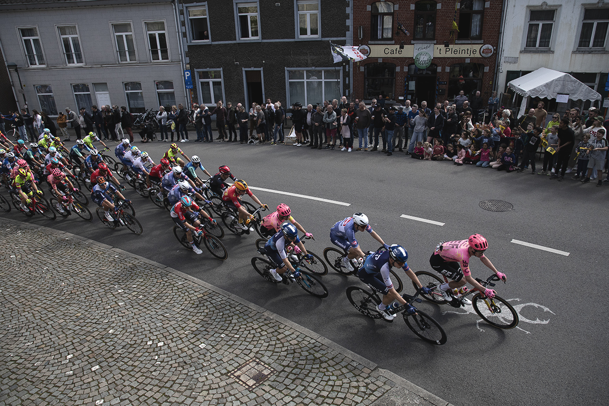 De Brabantse Pijl 2024 - The peloton from above as it crosses over a stag beetle painted on the road  and past crowds lining the roadside during the race