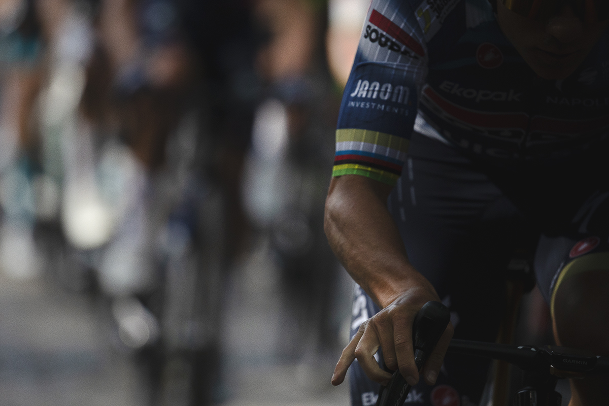 De Brabantse Pijl 2025 - A close up of Remco Evenepoel’s arm showing his Olympic and World Champion’s stripes