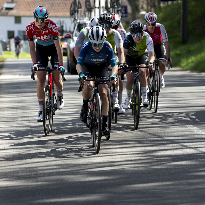 De Brabantse Pijl Vrouwen 2024 - A group of riders climb through shadows cast by the trees on Holstheide